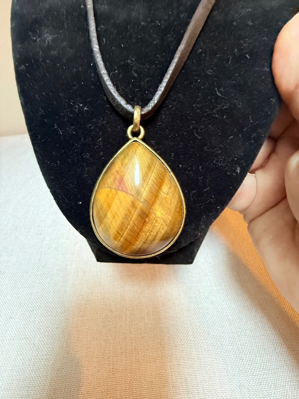 Fossil Tigers Eye and Brass Pendant Necklace on 18” Leather Cord